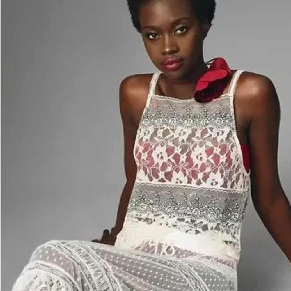 Anthropologie Sheer Mixed Lace Cami In Ivory Size S NWT